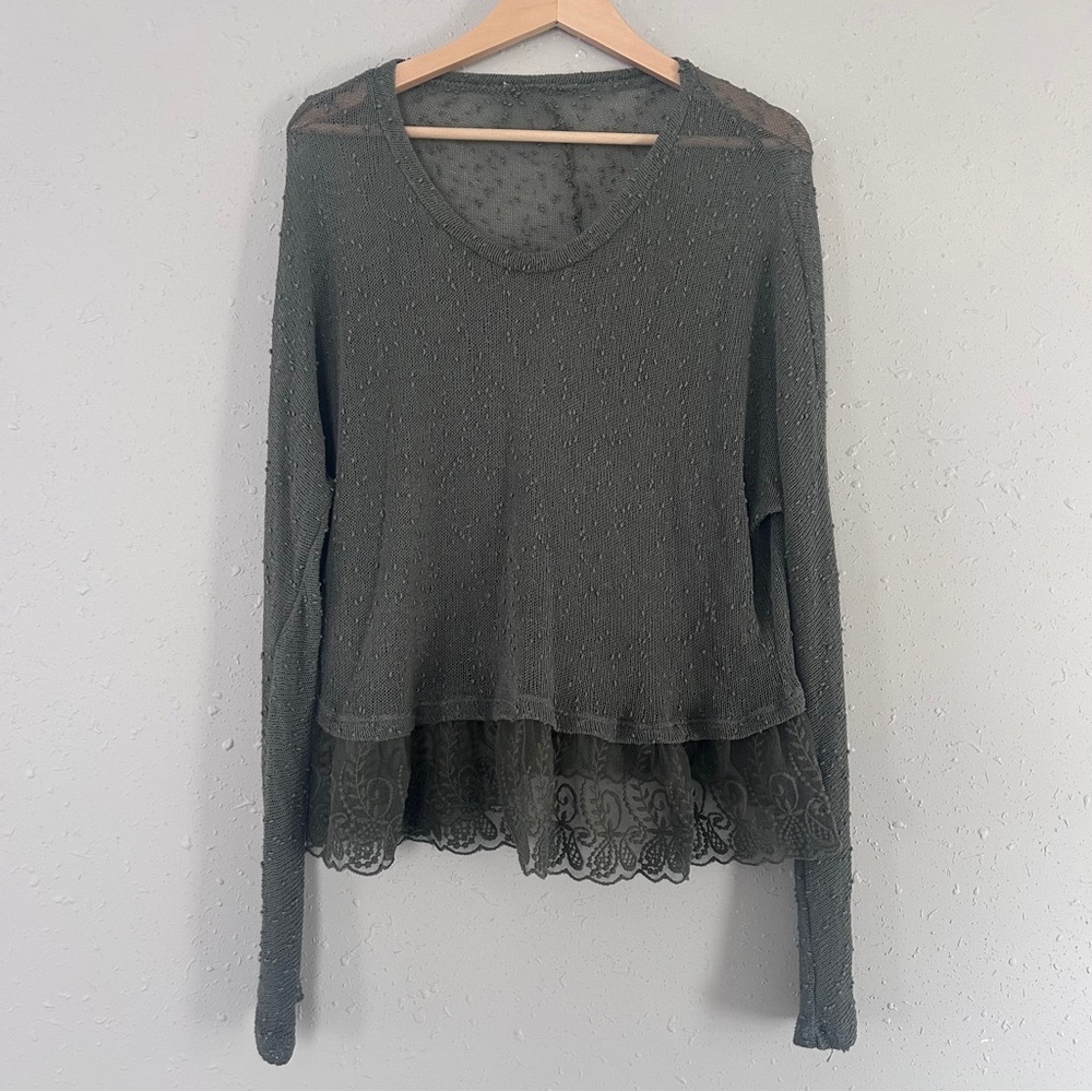 Green Semi Sheer Elegant Lace Trimmed Top Blouse Boho Bohemian Casual Large